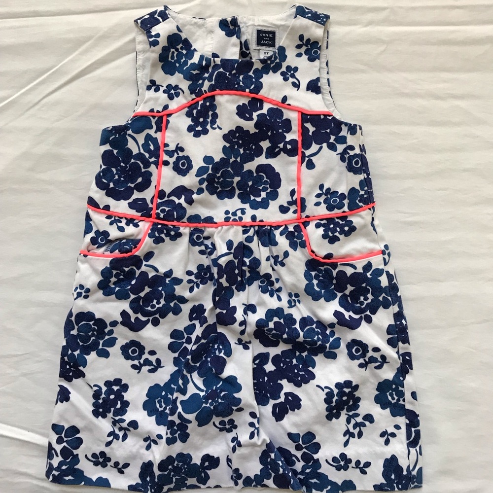 Floral Janie and Jack Dress- Blue w/ Coral Accent